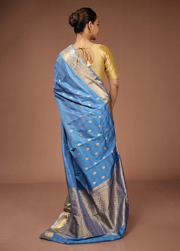 Blue Kanjivaram Silk Saree With Blouse Piece - Image 3