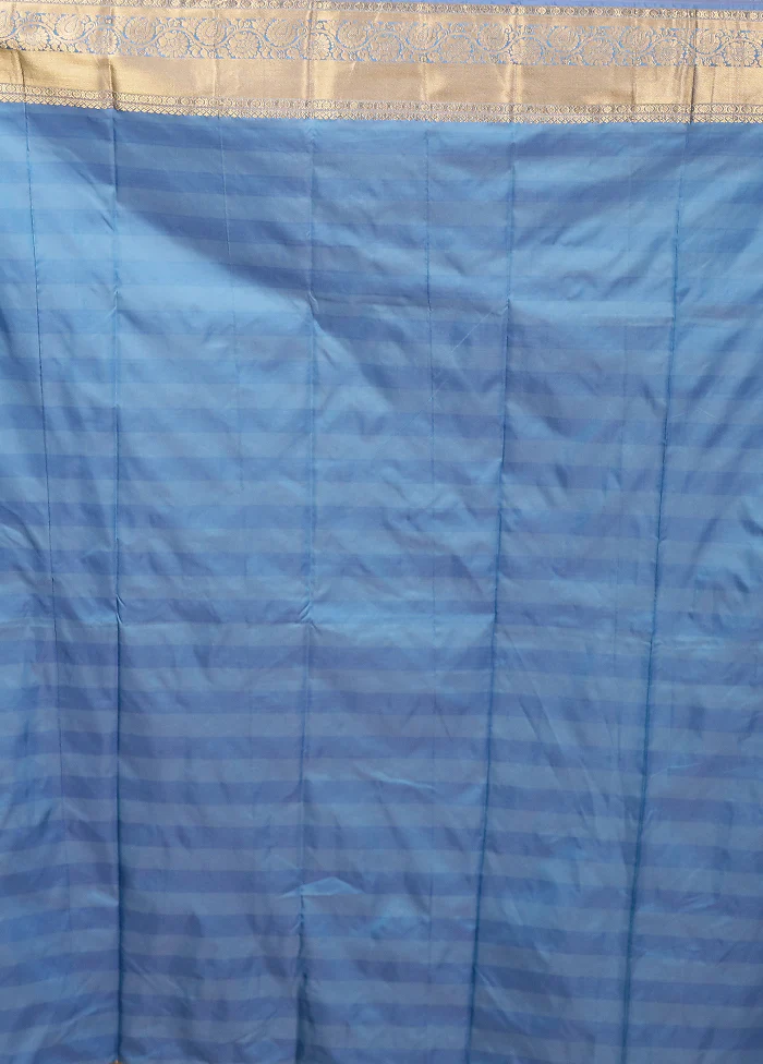 Blue Kanjivaram Silk Saree With Blouse Piece - Image 5