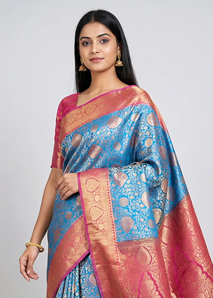 Blue Kanjivaram Silk Saree With Blouse Piece - Image 2