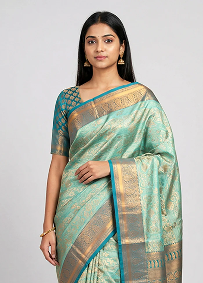 Blue Kanjivaram Silk Saree With Blouse Piece - Image 2
