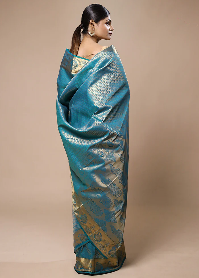 Blue Kanjivaram Silk Saree With Blouse Piece - Image 3