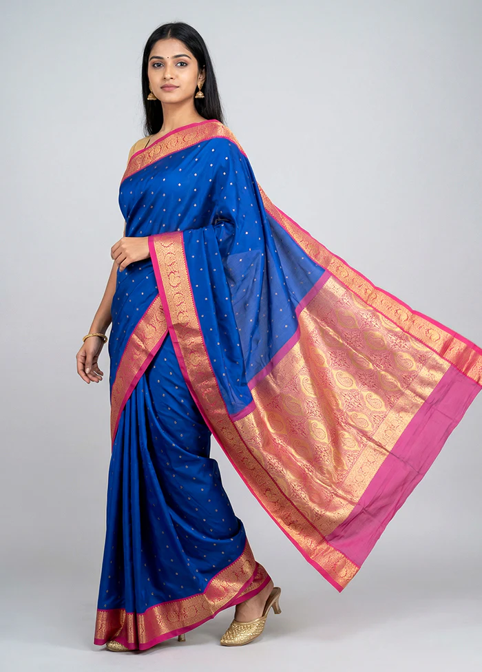 Blue Kanjivaram Silk Saree With Blouse Piece