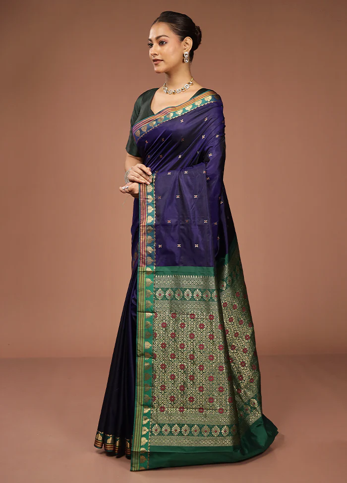 Blue Kanjivaram Silk Saree With Blouse Piece - Image 4