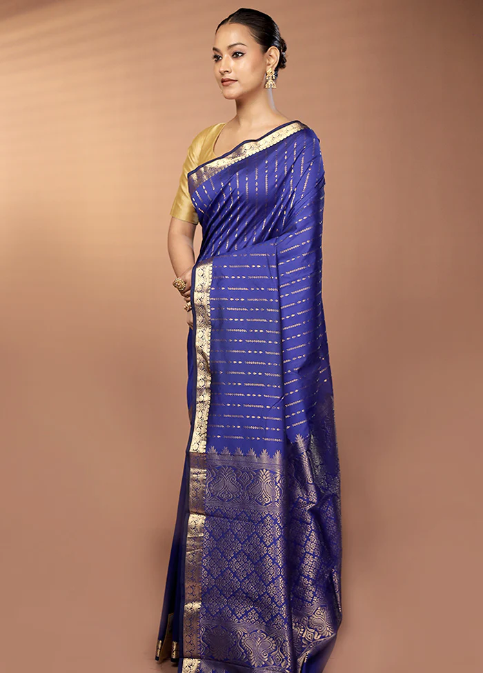 Blue Kanjivaram Silk Saree With Blouse Piece - Image 4