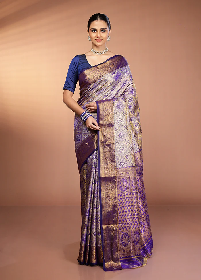 Blue Kanjivaram Silk Saree With Blouse Piece - Image 2