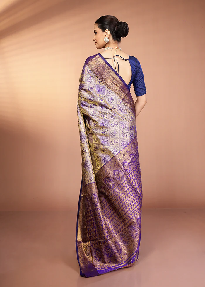 Blue Kanjivaram Silk Saree With Blouse Piece - Image 3