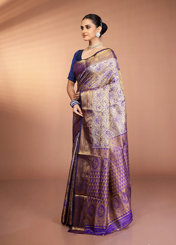 Blue Kanjivaram Silk Saree With Blouse Piece - Image 4