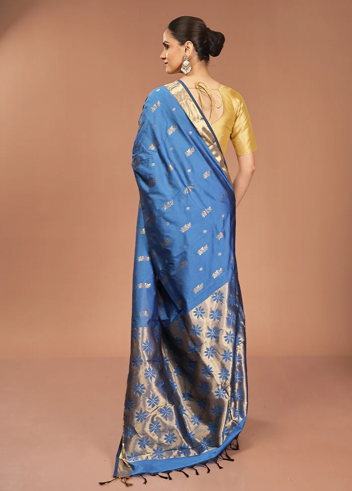 Blue Kanjivaram Silk Saree With Blouse Piece - Image 3