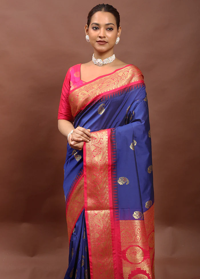 Blue Kanjivaram Silk Saree With Blouse Piece - Image 2