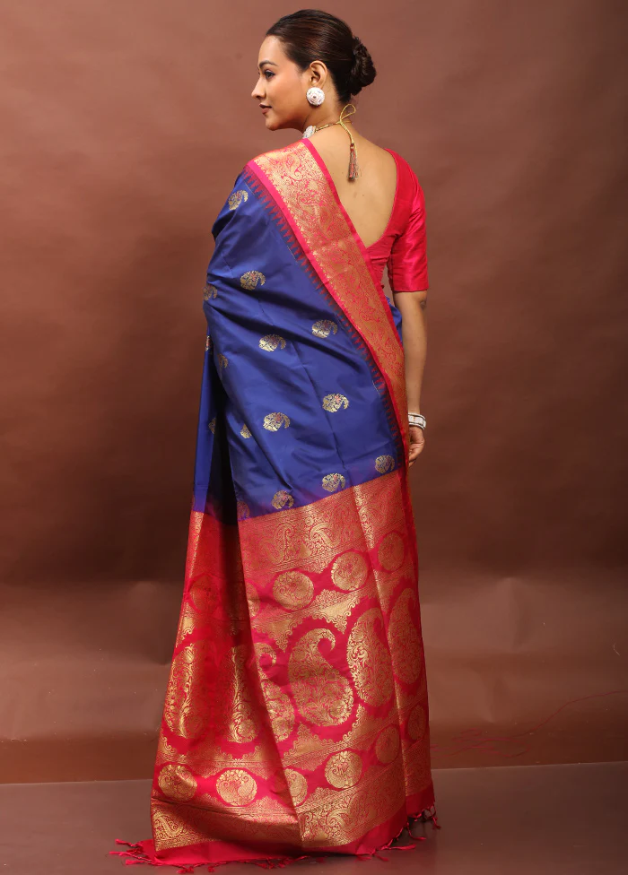 Blue Kanjivaram Silk Saree With Blouse Piece - Image 3