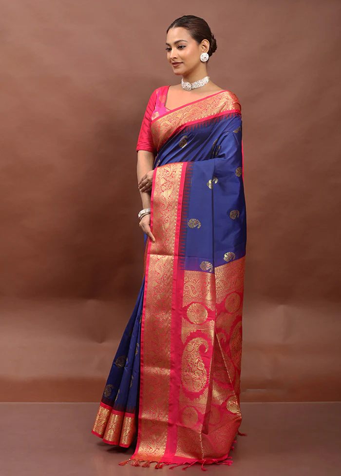 Blue Kanjivaram Silk Saree With Blouse Piece - Image 4