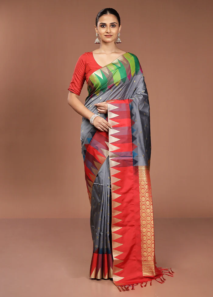 Blue Kanjivaram Silk Saree With Blouse Piece - Image 2