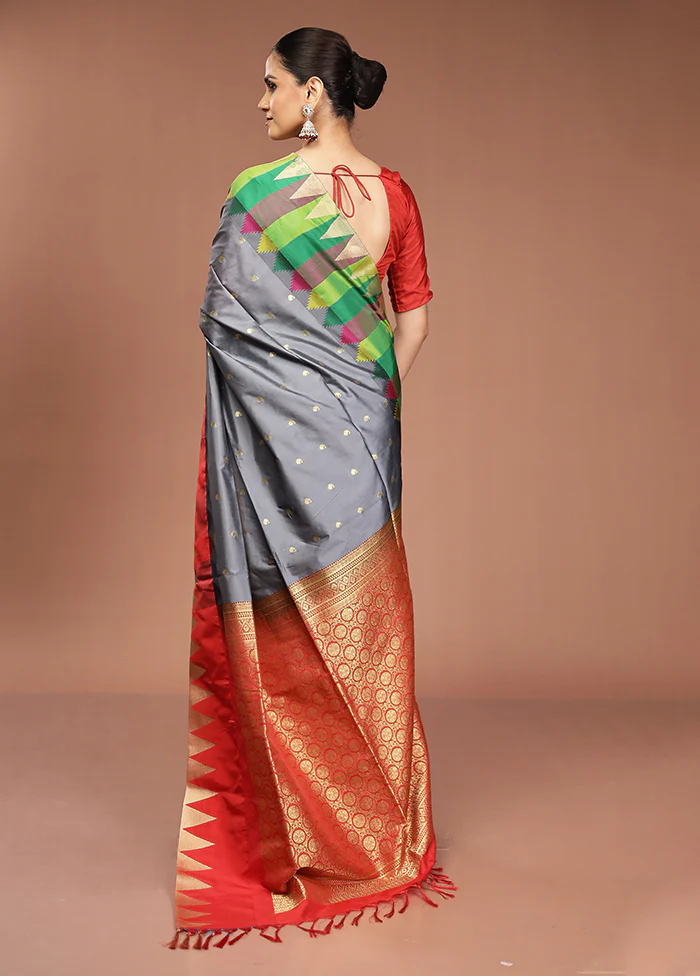 Blue Kanjivaram Silk Saree With Blouse Piece - Image 3