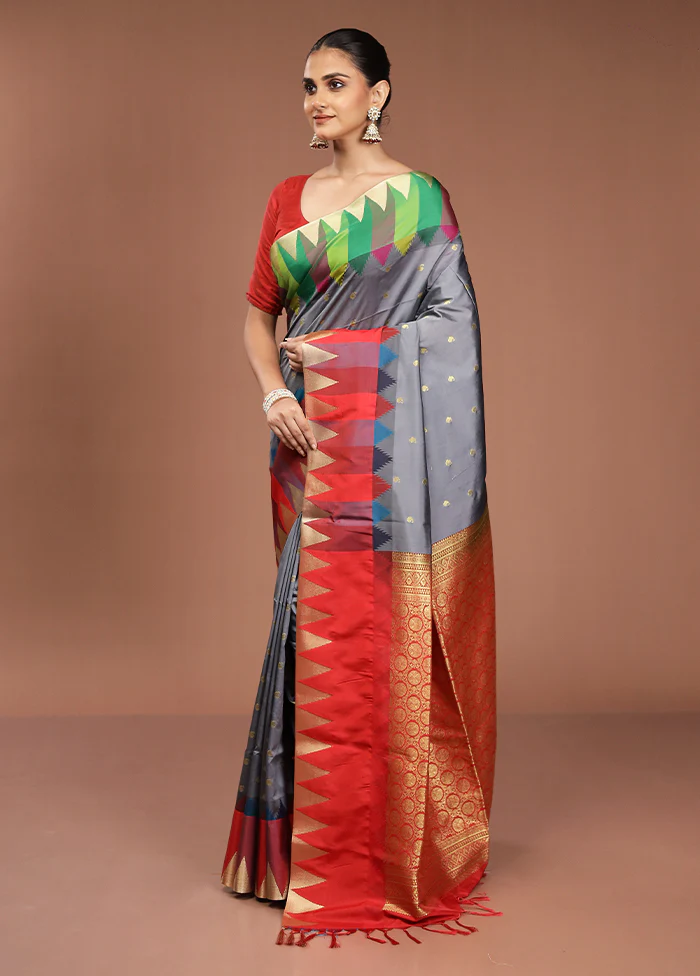 Blue Kanjivaram Silk Saree With Blouse Piece - Image 4