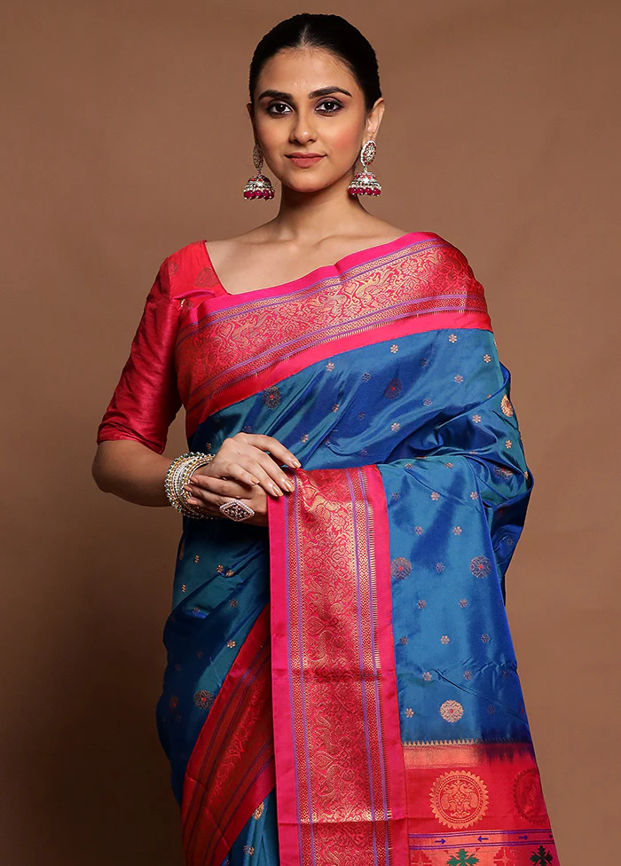 Blue Kanjivaram Silk Saree With Blouse Piece - Image 2