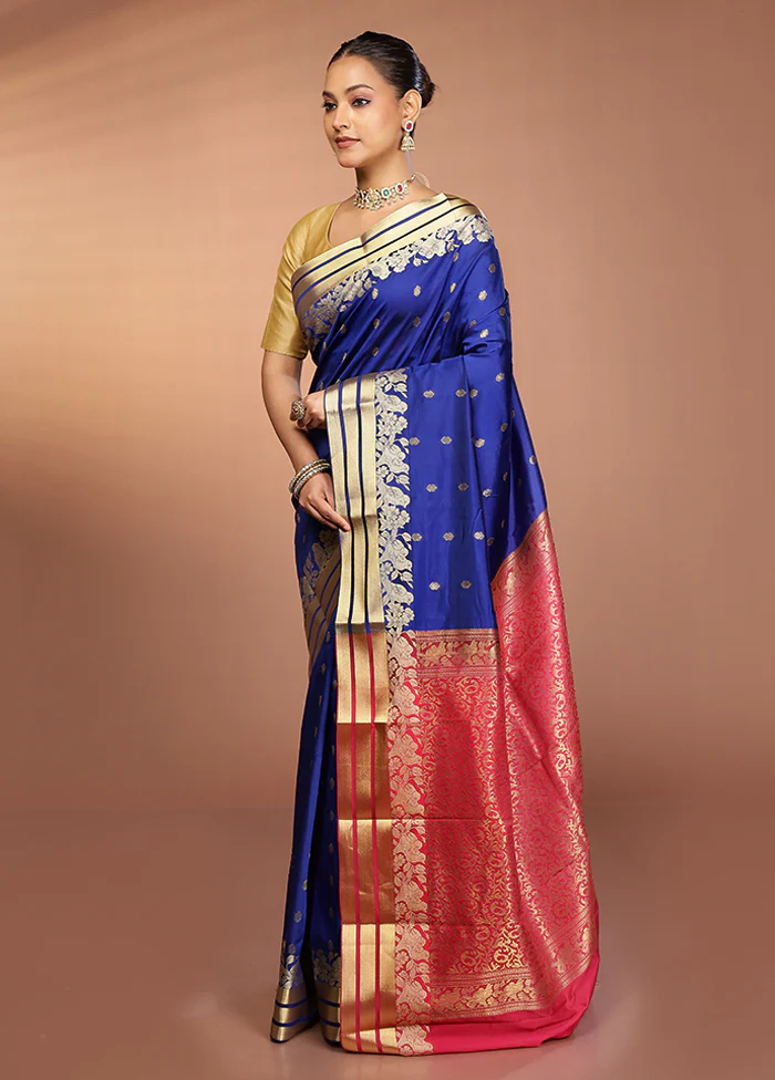 Blue Kanjivaram Silk Saree With Blouse Piece - Image 4