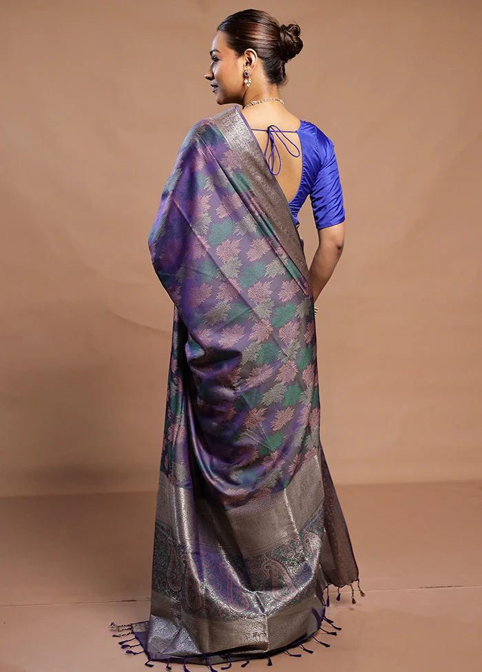 Blue Kanjivaram Silk Saree With Blouse Piece - Image 3
