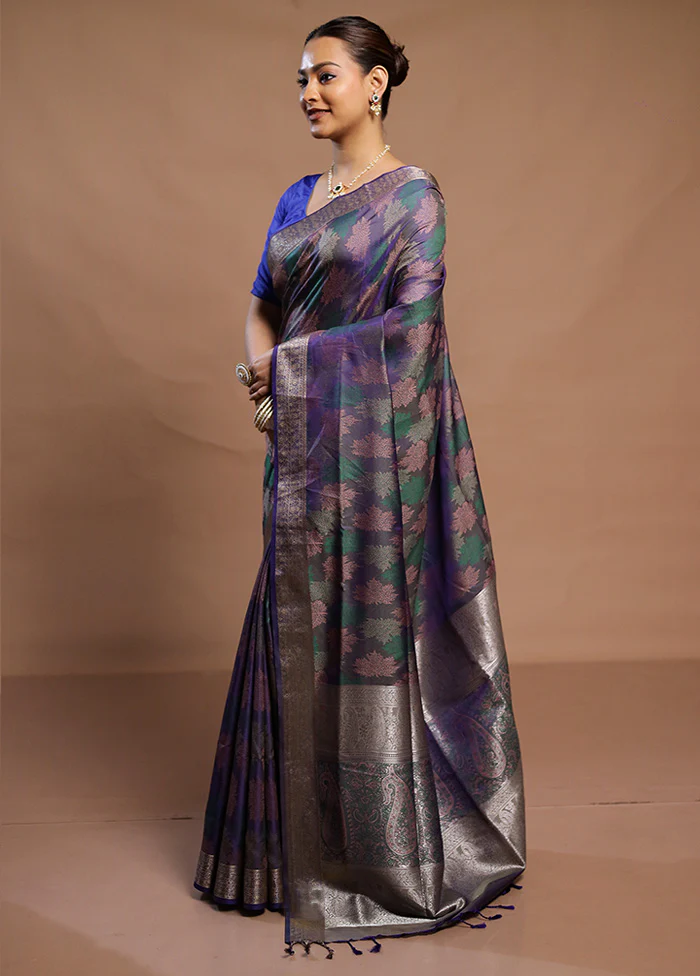 Blue Kanjivaram Silk Saree With Blouse Piece - Image 4