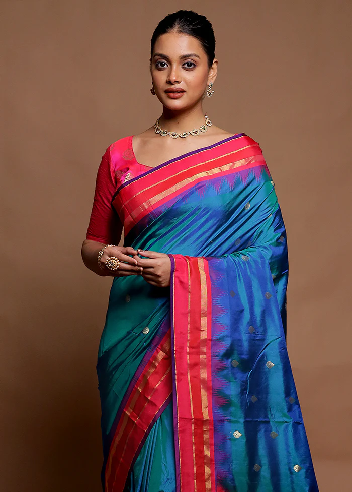 Blue Kanjivaram Silk Saree With Blouse Piece - Image 2