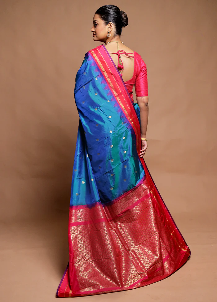Blue Kanjivaram Silk Saree With Blouse Piece - Image 3