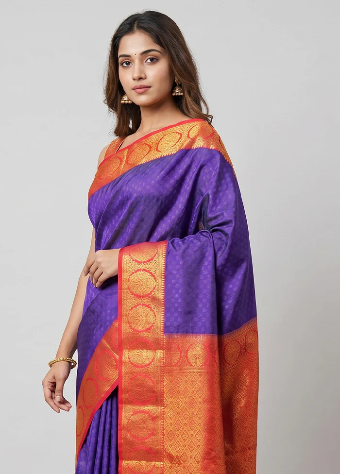 Blue Kanjivaram Silk Saree With Blouse Piece - Image 2