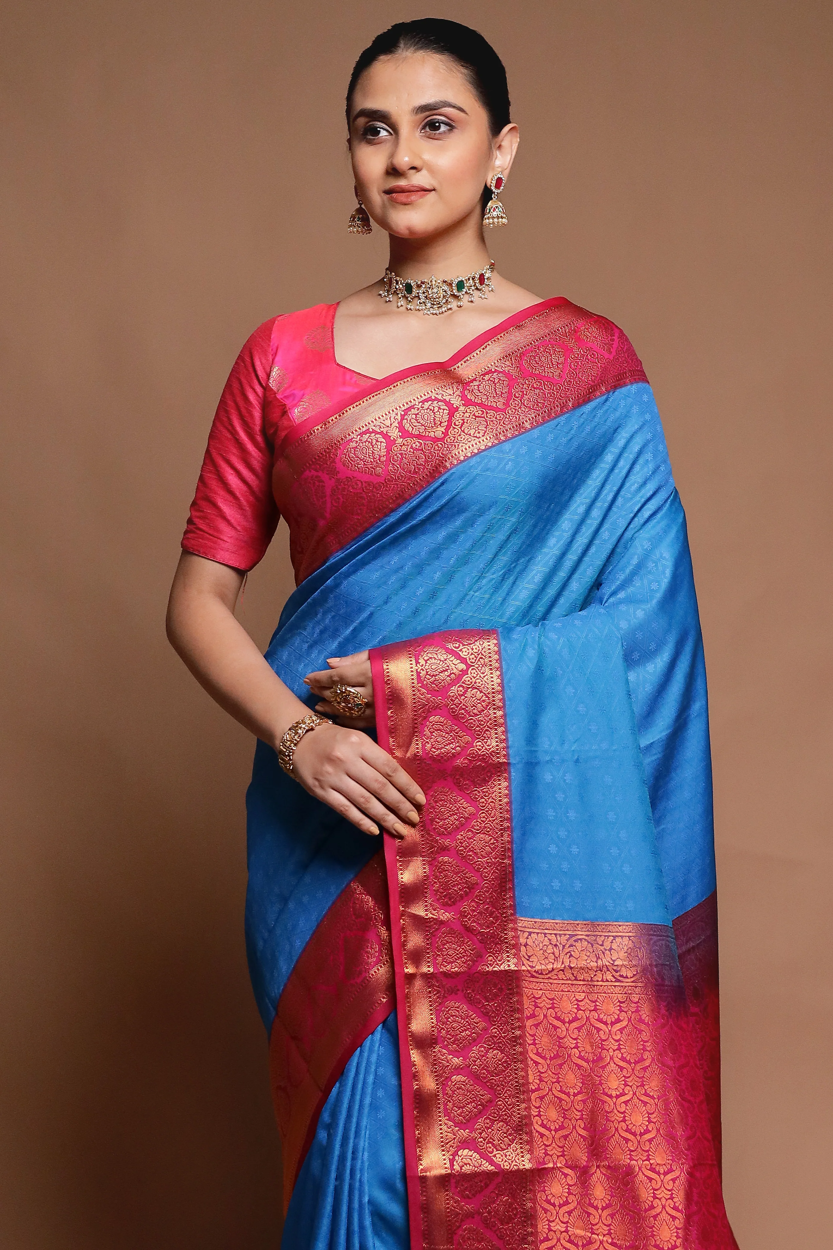 Blue Kanjivaram Silk Saree With Blouse Piece - Image 2