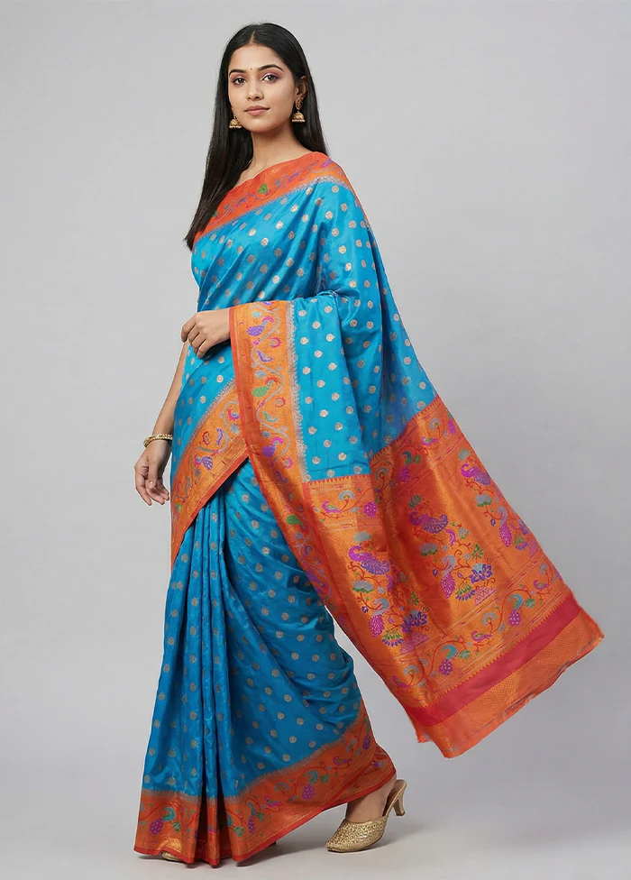 Blue Kanjivaram Silk Saree With Blouse Piece