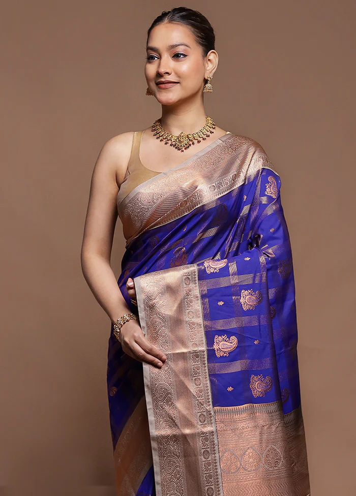 Blue Kanjivaram Silk Saree With Blouse Piece - Image 2