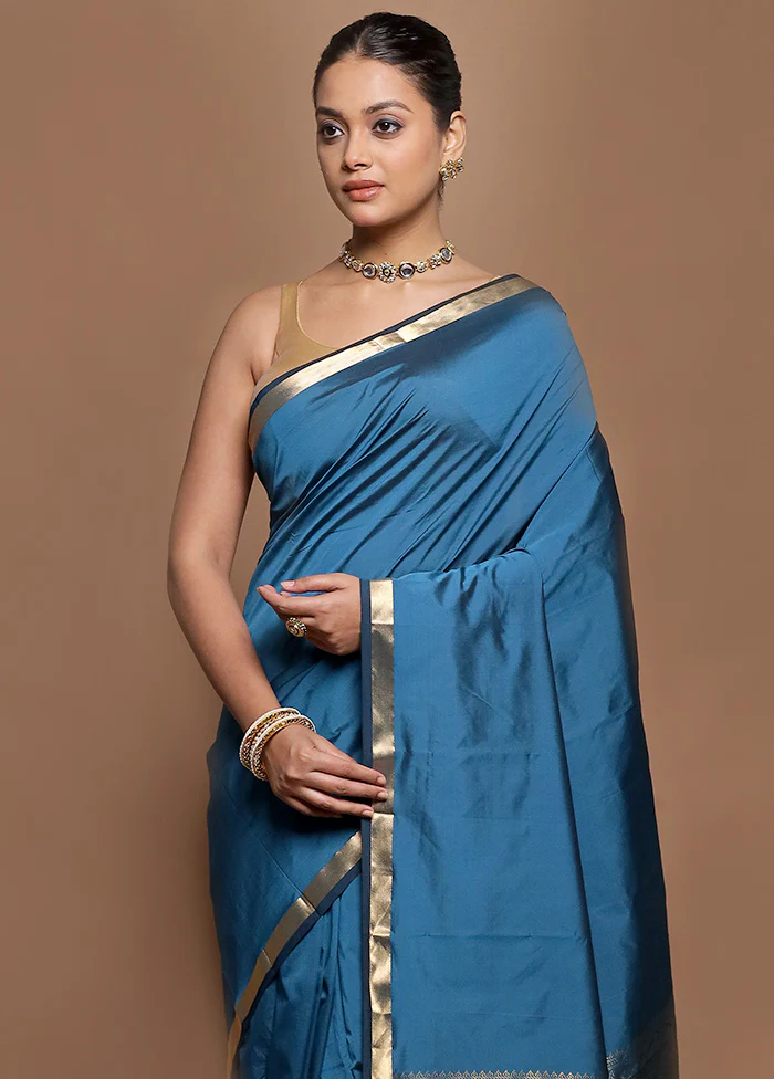 Blue Kanjivaram Silk Saree With Blouse Piece - Image 2