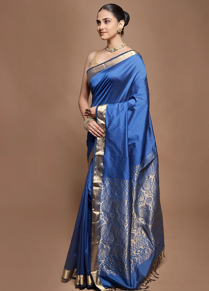 Blue Kanjivaram Silk Saree With Blouse Piece - Image 4