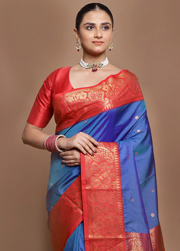 Blue Kanjivaram Silk Saree With Blouse Piece - Image 2