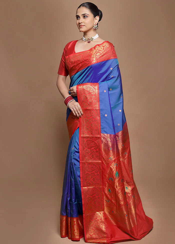 Blue Kanjivaram Silk Saree With Blouse Piece - Image 4