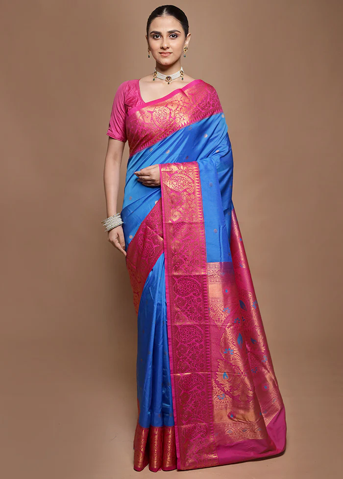 Blue Kanjivaram Silk Saree With Blouse Piece
