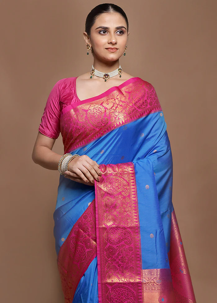 Blue Kanjivaram Silk Saree With Blouse Piece - Image 2