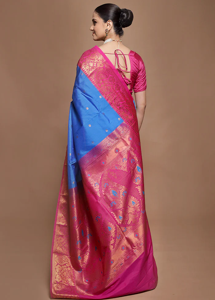 Blue Kanjivaram Silk Saree With Blouse Piece - Image 3
