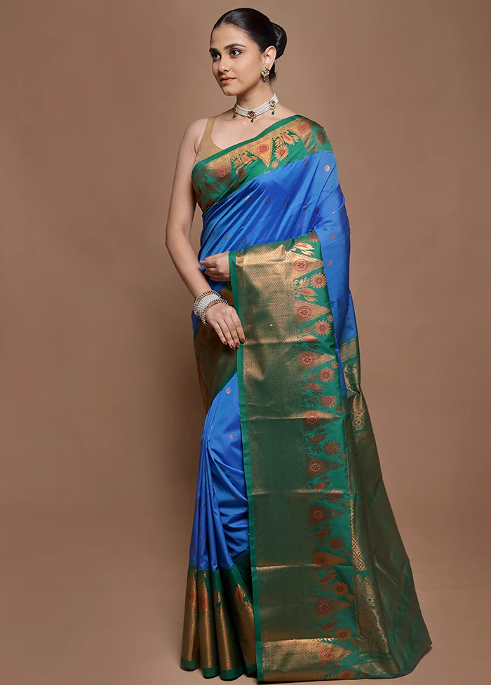 Blue Kanjivaram Silk Saree With Blouse Piece - Image 4