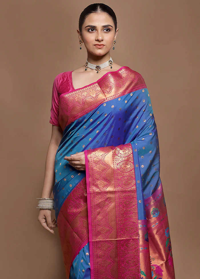 Blue Kanjivaram Silk Saree With Blouse Piece - Image 2