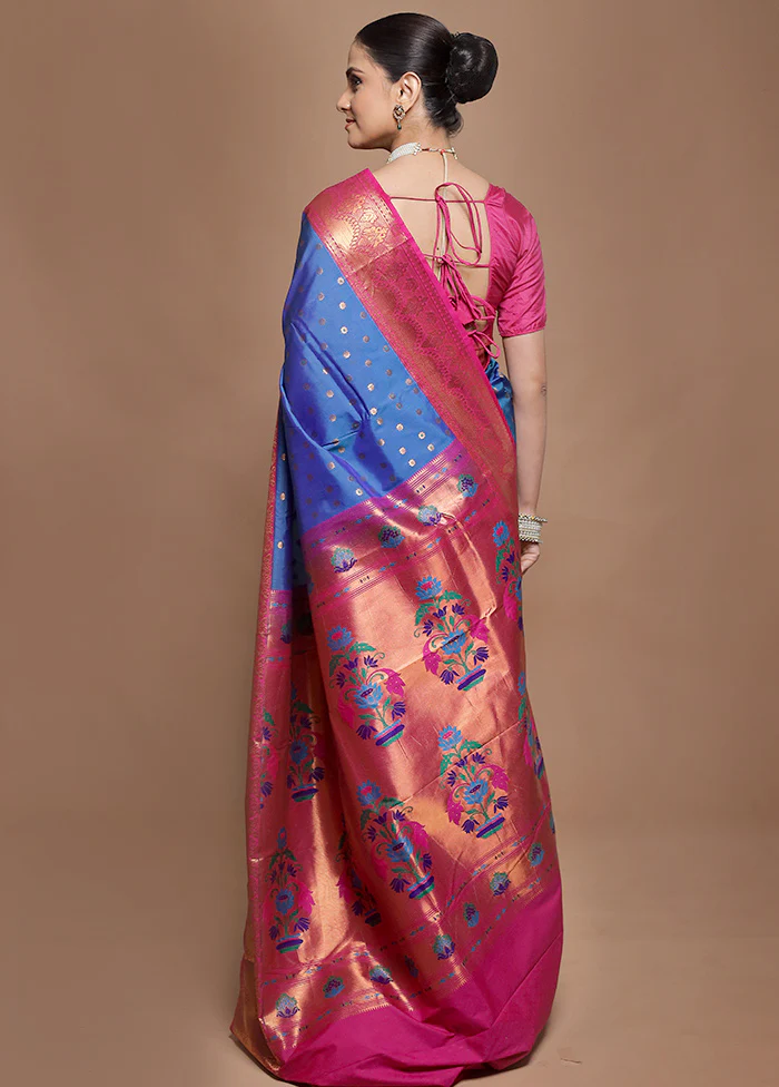 Blue Kanjivaram Silk Saree With Blouse Piece - Image 3