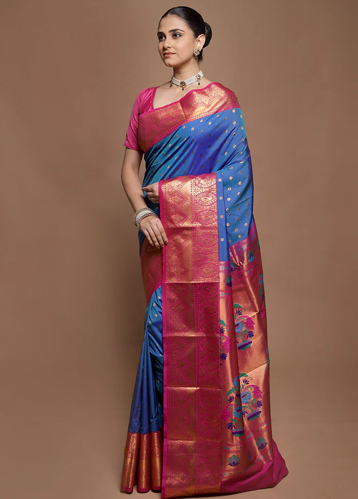 Blue Kanjivaram Silk Saree With Blouse Piece - Image 4