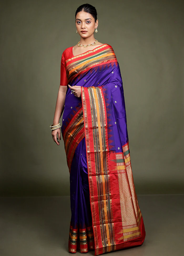 Blue Kanjivaram Silk Saree With Blouse Piece - Image 2