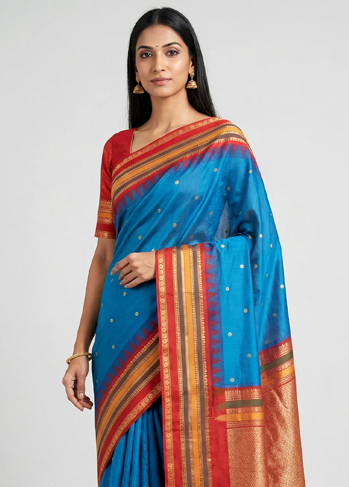 Blue Kanjivaram Silk Saree With Blouse Piece - Image 2