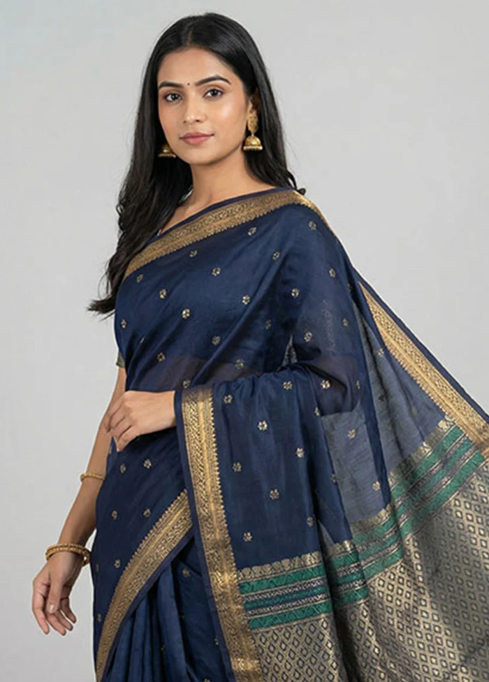 Blue Kanjivaram Silk Saree With Blouse Piece - Image 2