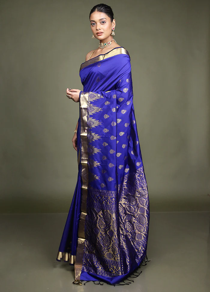 Blue Kanjivaram Silk Saree With Blouse Piece - Image 4