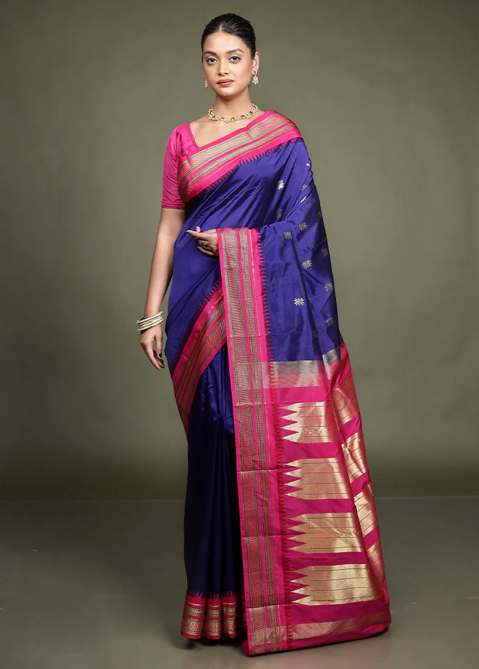 Blue Kanjivaram Silk Saree With Blouse Piece - Image 2