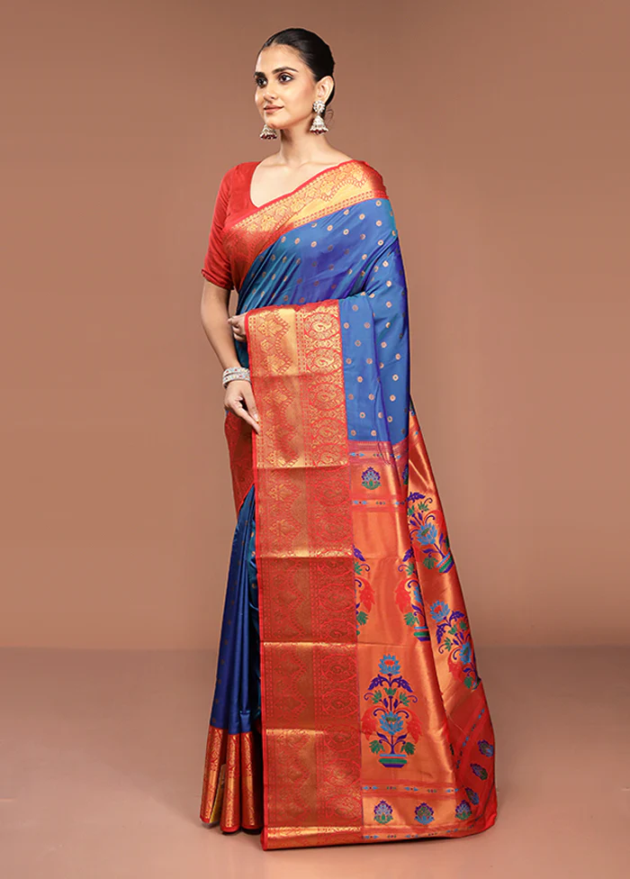 Blue Kanjivaram Silk Saree With Blouse Piece - Image 4