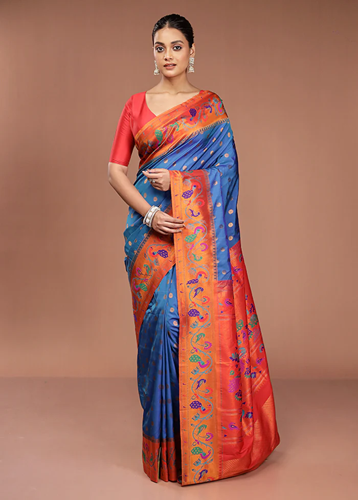 Blue Kanjivaram Silk Saree With Blouse Piece - Image 2