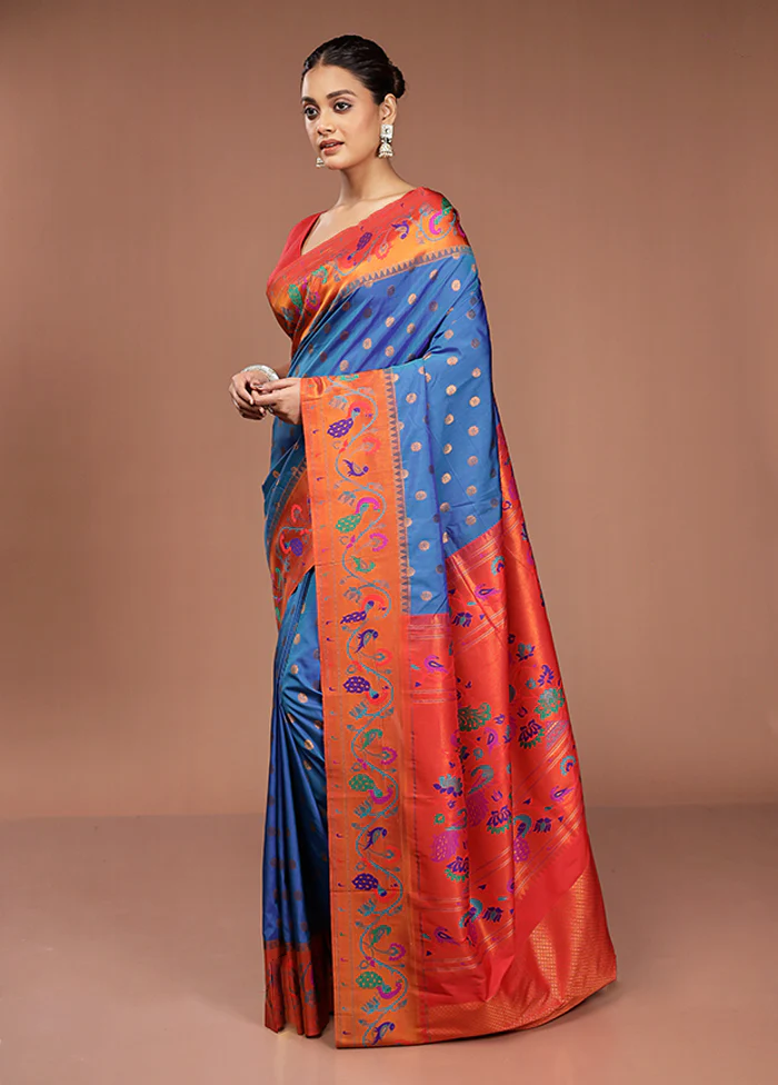 Blue Kanjivaram Silk Saree With Blouse Piece - Image 4