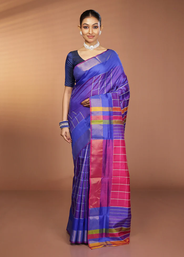 Blue Kalakshetra Silk Saree With Blouse Piece - Image 2