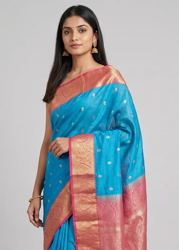 Blue Kanjivaram Silk Saree With Blouse Piece - Image 2