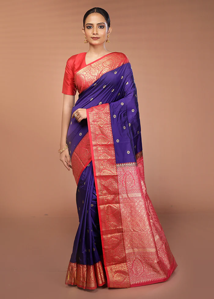 Blue Kanjivaram Silk Saree With Blouse Piece - Image 2